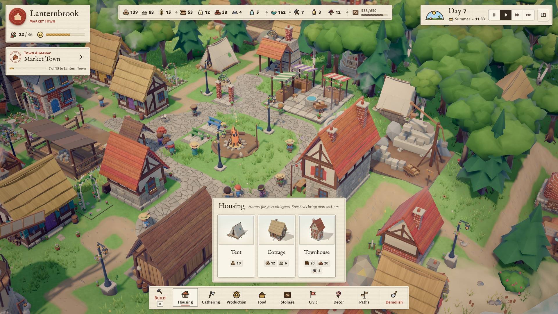 The game with the build menu open on Housing, offering a tent, a cottage and a townhouse, with resource counts and the town square above.