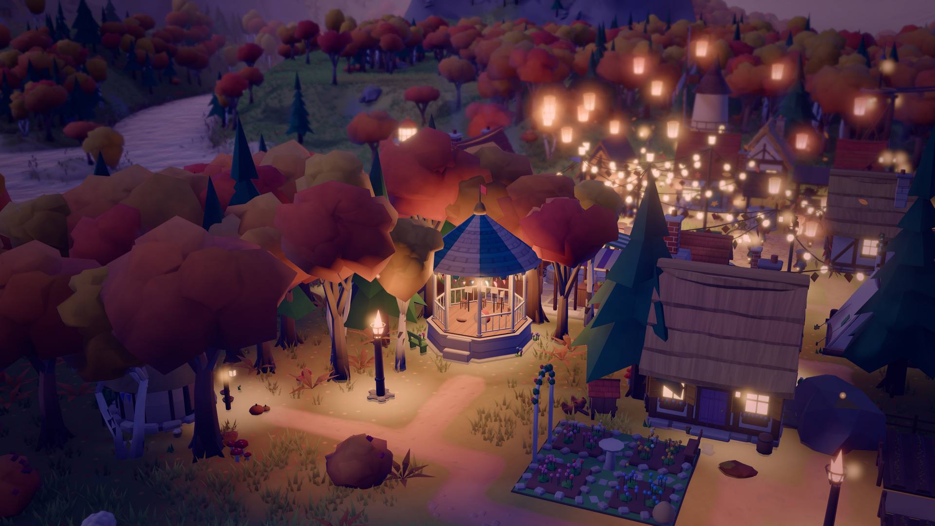 Autumn at night with lanterns strung through orange trees, a lit pavilion, and a small pumpkin patch by the path.