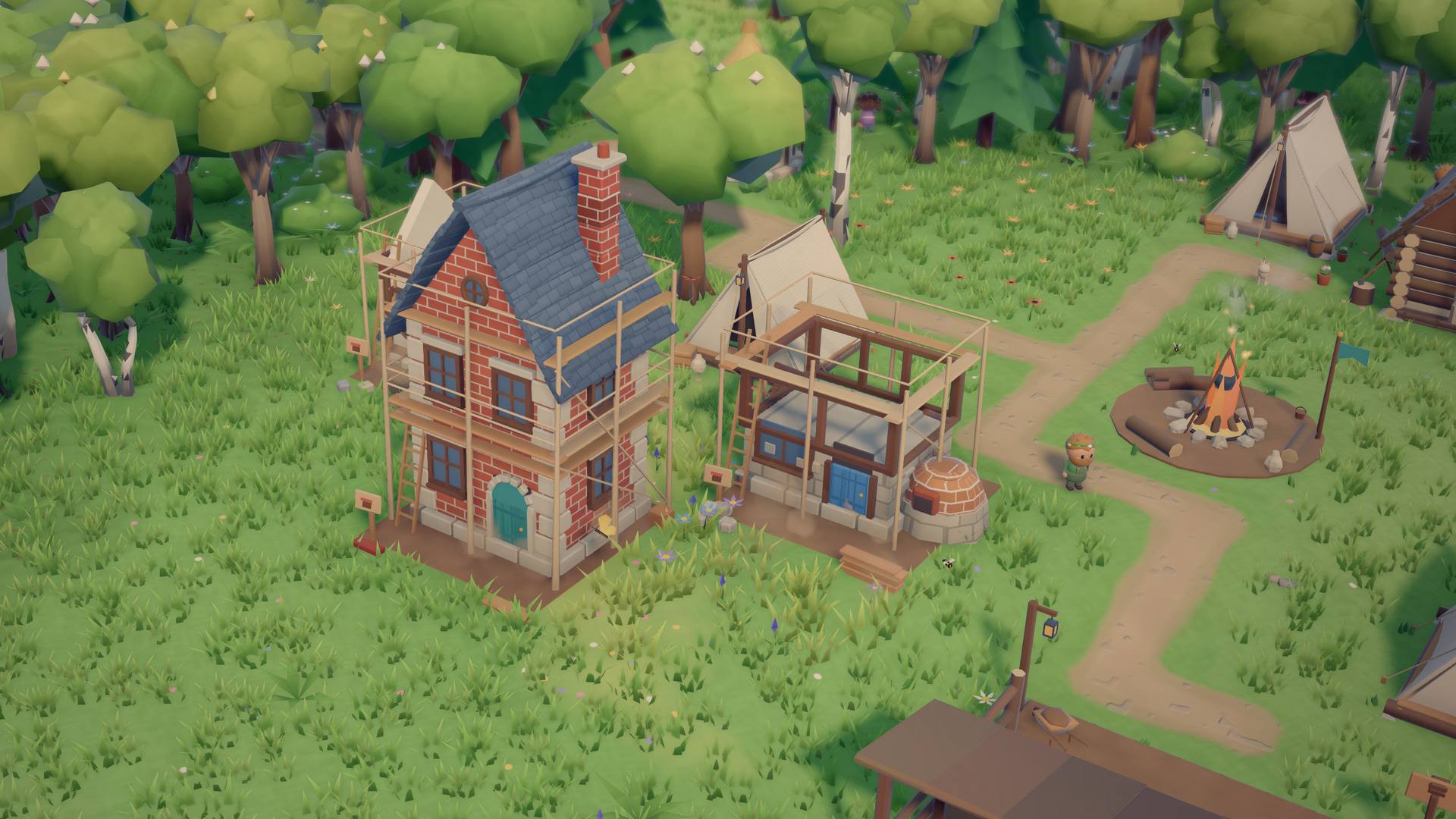 Two houses under construction, one with scaffolding and one a bare timber frame, beside canvas tents and a campfire.