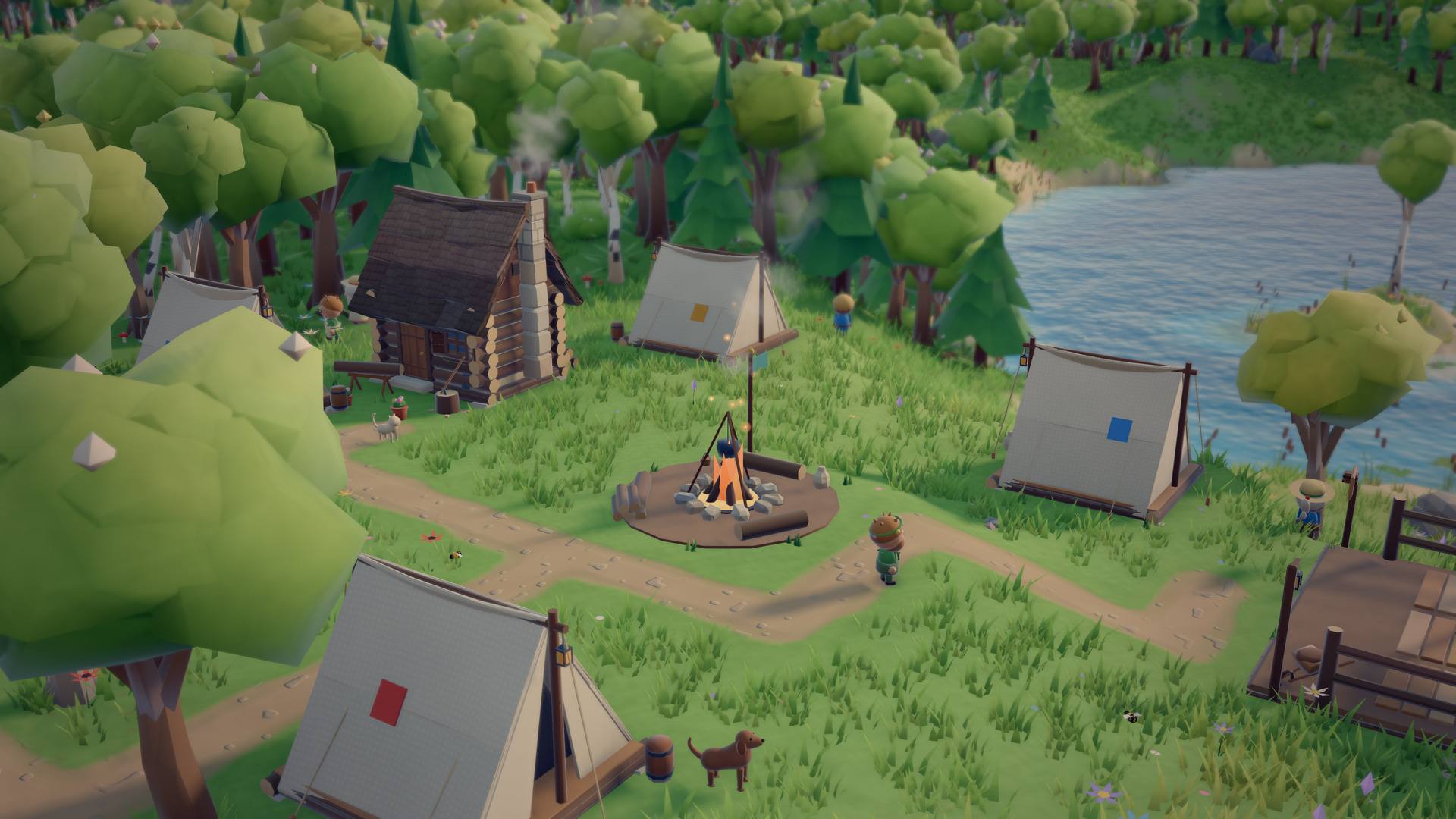 A small camp of canvas tents and a log cabin around a campfire in a forest clearing, with a dog and a couple of settlers nearby.