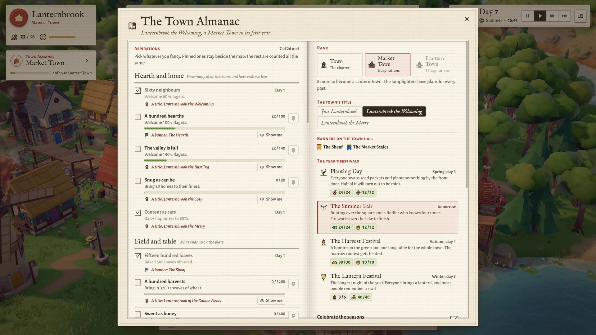 The game with its interface open. Resource counts run along the top, and the Town Almanac shows a list of goals with the Summer Fair marked for tomorrow.