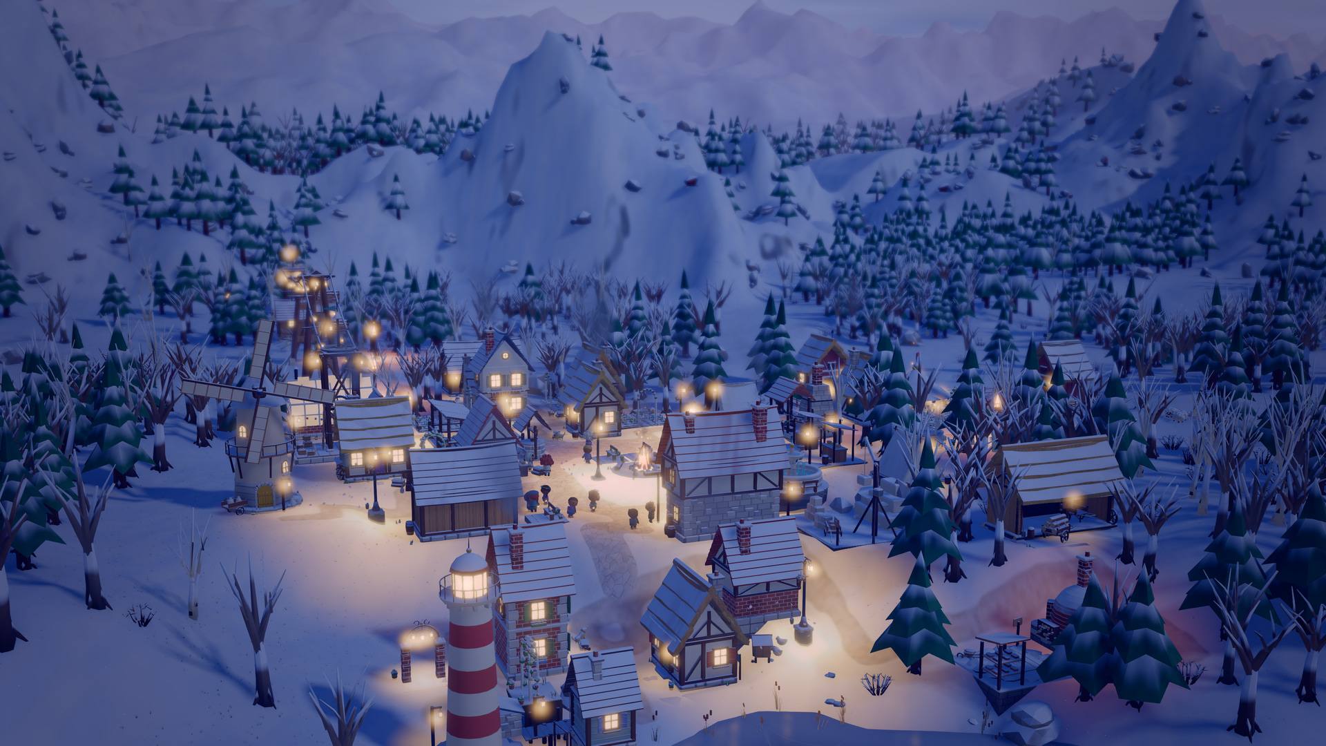 The town under snow at night, windows and street lamps glowing, moonlight on the surrounding hills.